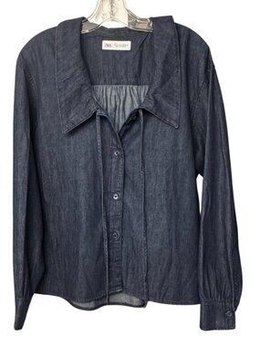 ZARA SHACKET STYLISH DARK DENIM WIDE COLLARED SHIRT, TIE DETAIL, MED,  BOHO JEAN